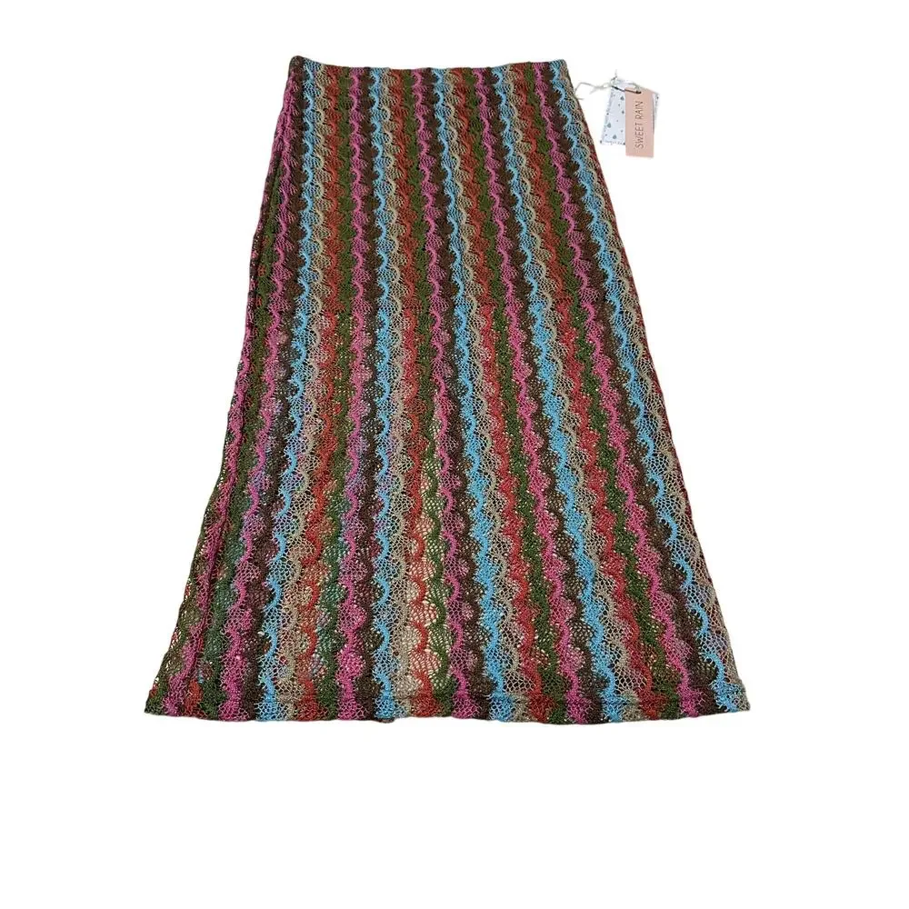 NWT Sweet Rain Multicolor Crochet Knit Maxi Skirt Lined Slit Boho Festival Med